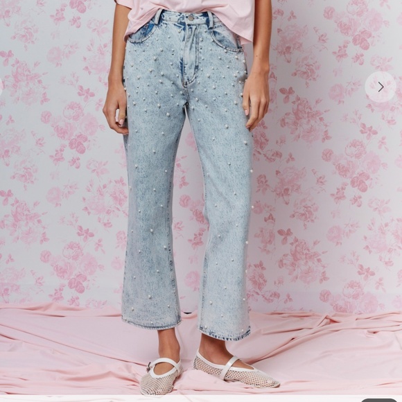 Rareraw “ Daisy ” Rareraw Pearl and Rhinestone EMBELLISHED DENIM JEANS 39 - Picture 2 of 6